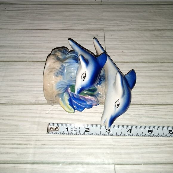 Vintage Ceramic Dolphins Figurine Blue Iridescent Luster Nautical Decor 4½in - Picture 8 of 9